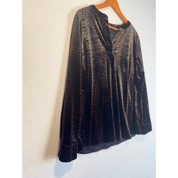 Investments II Velvet Leopard Blouse Burnout Top Long Sleeves Black Brown Sz 1X - Picture 2 of 8